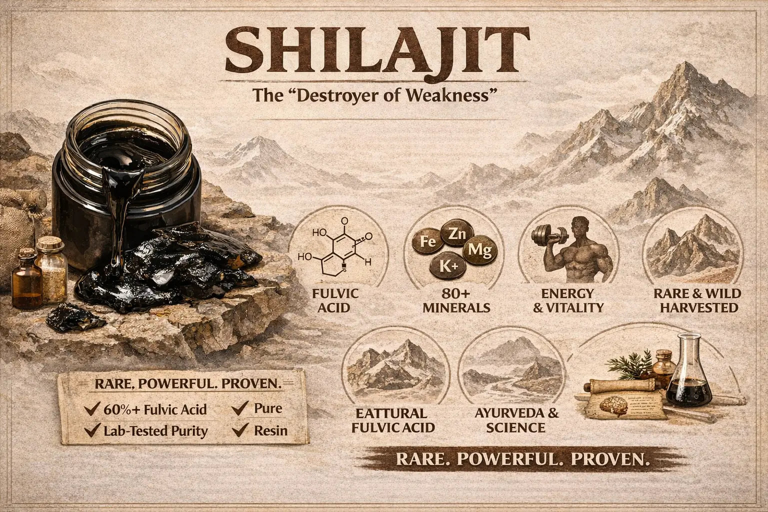 Premium Shilajit resin in a jar with Himalayan background and icons showing fulvic acid, 80+ minerals, energy support, and Ayurvedic benefits.
