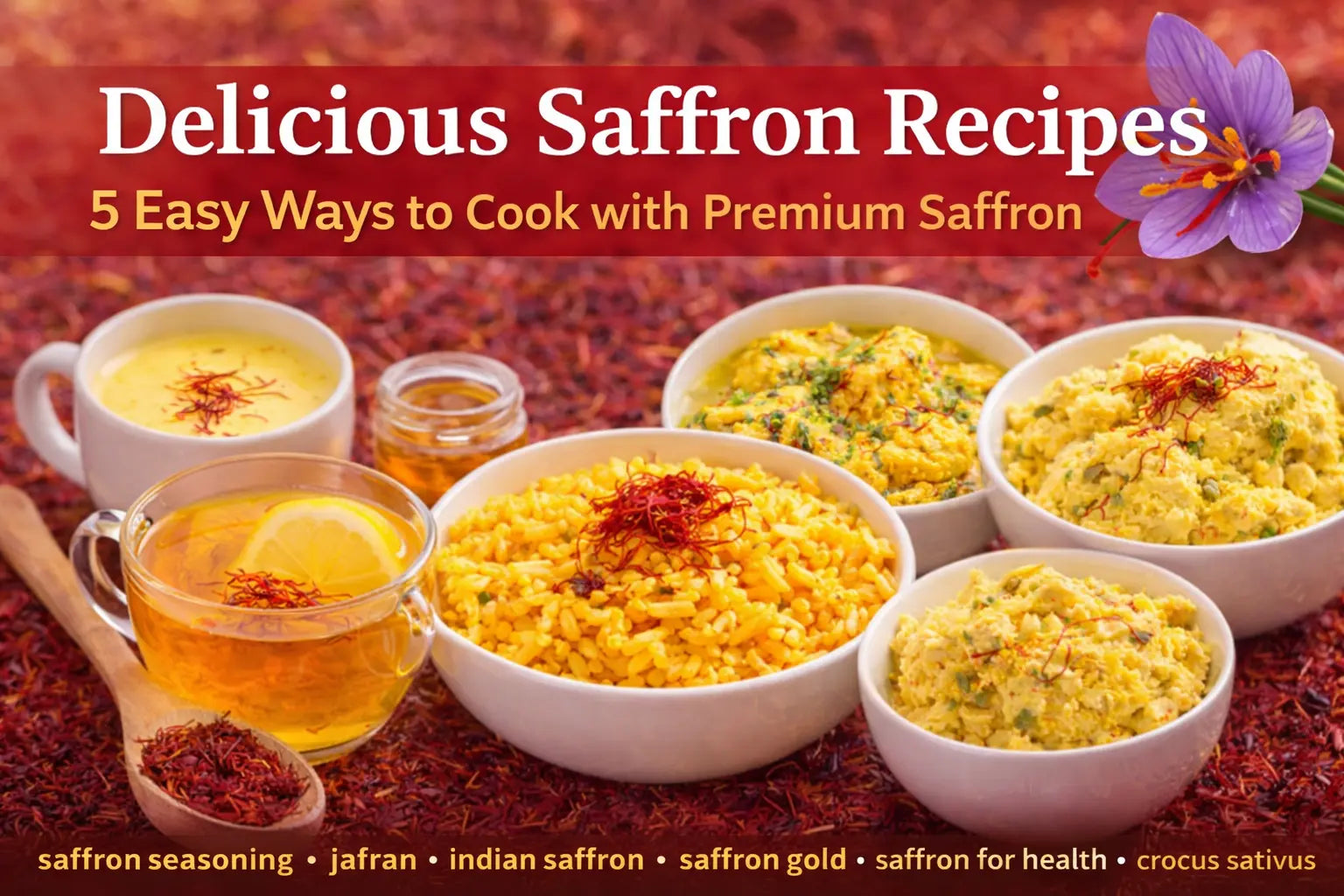 Delicious saffron recipes banner featuring saffron rice, saffron tea, saffron milk, saffron chicken, and saffron ice cream with premium saffron strands (kesar) on display
