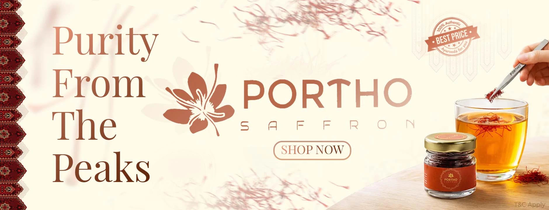Advertisement for Portho Saffron with saffron-infused tea and jar on a decorative background.