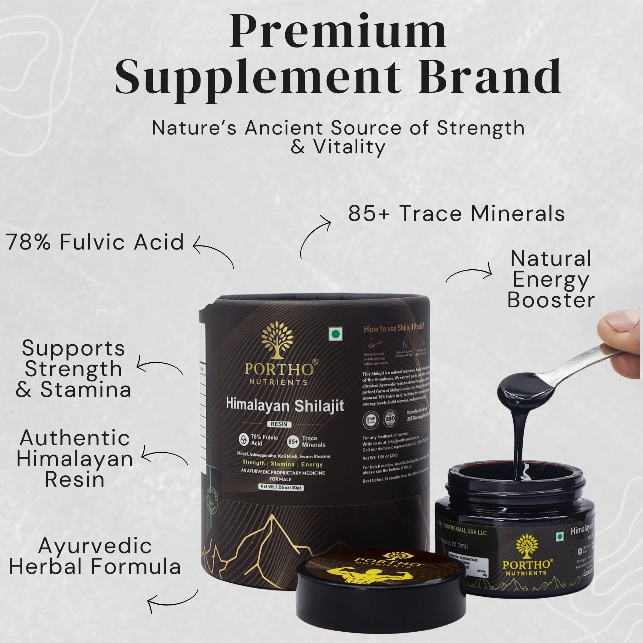 Portho Nutrients Himalayan Shilajit with product details on a light gray background