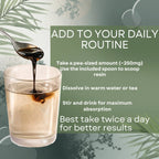 Glass of liquid with resin being added, accompanied by text on a green background.