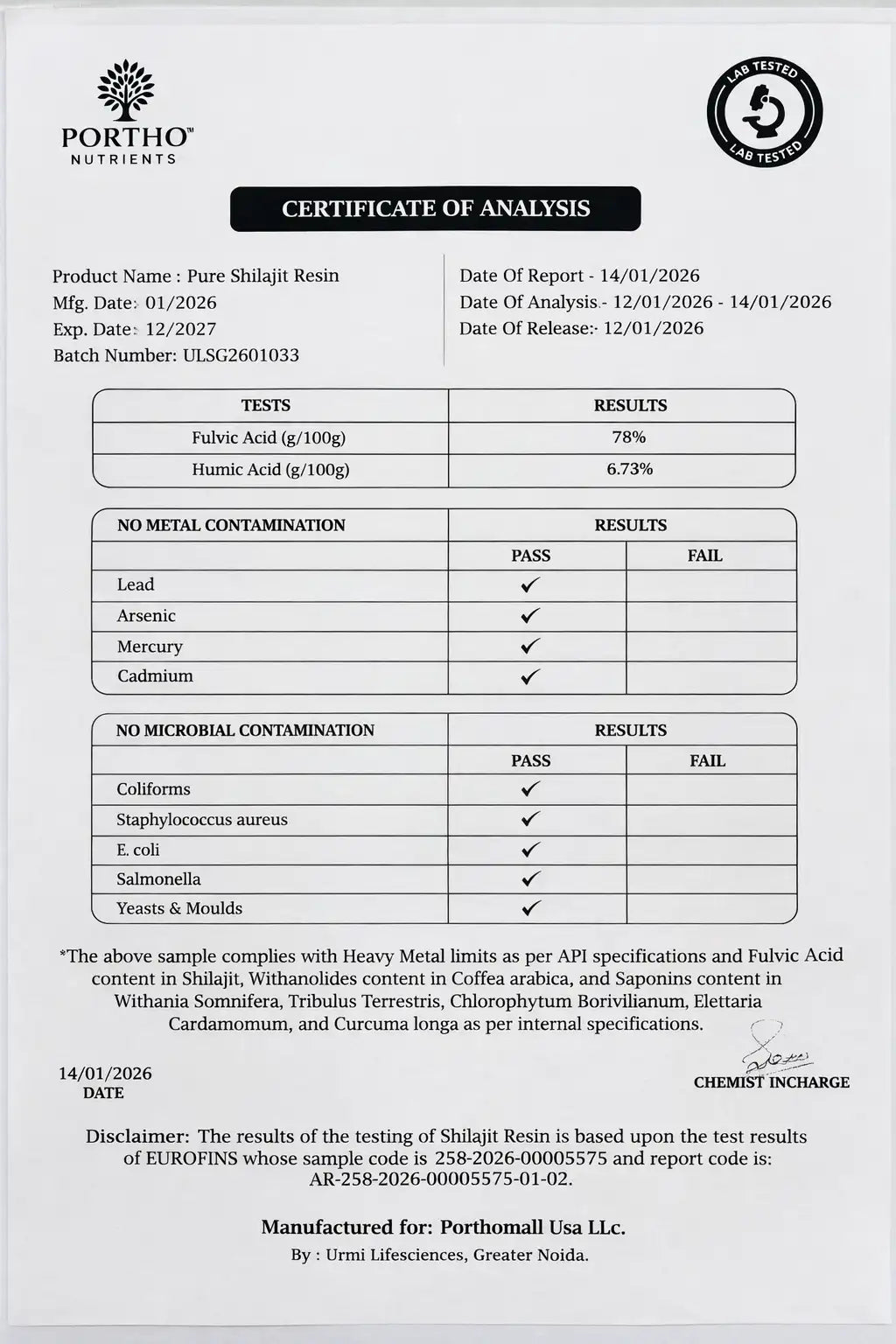 Certificate of Analysis document from Portho Nutrients for Pure Shilajit Resin, batch number ULSG2601033, tested by Eurofins. Shows 78% Fulvic Acid and 6.73% Humic Acid content. All heavy metal tests including Lead, Arsenic, Mercury and Cadmium passed. All microbial contamination tests including E.coli, Salmonella and Staphylococcus aureus passed. Manufactured for Porthomall USA LLC."
