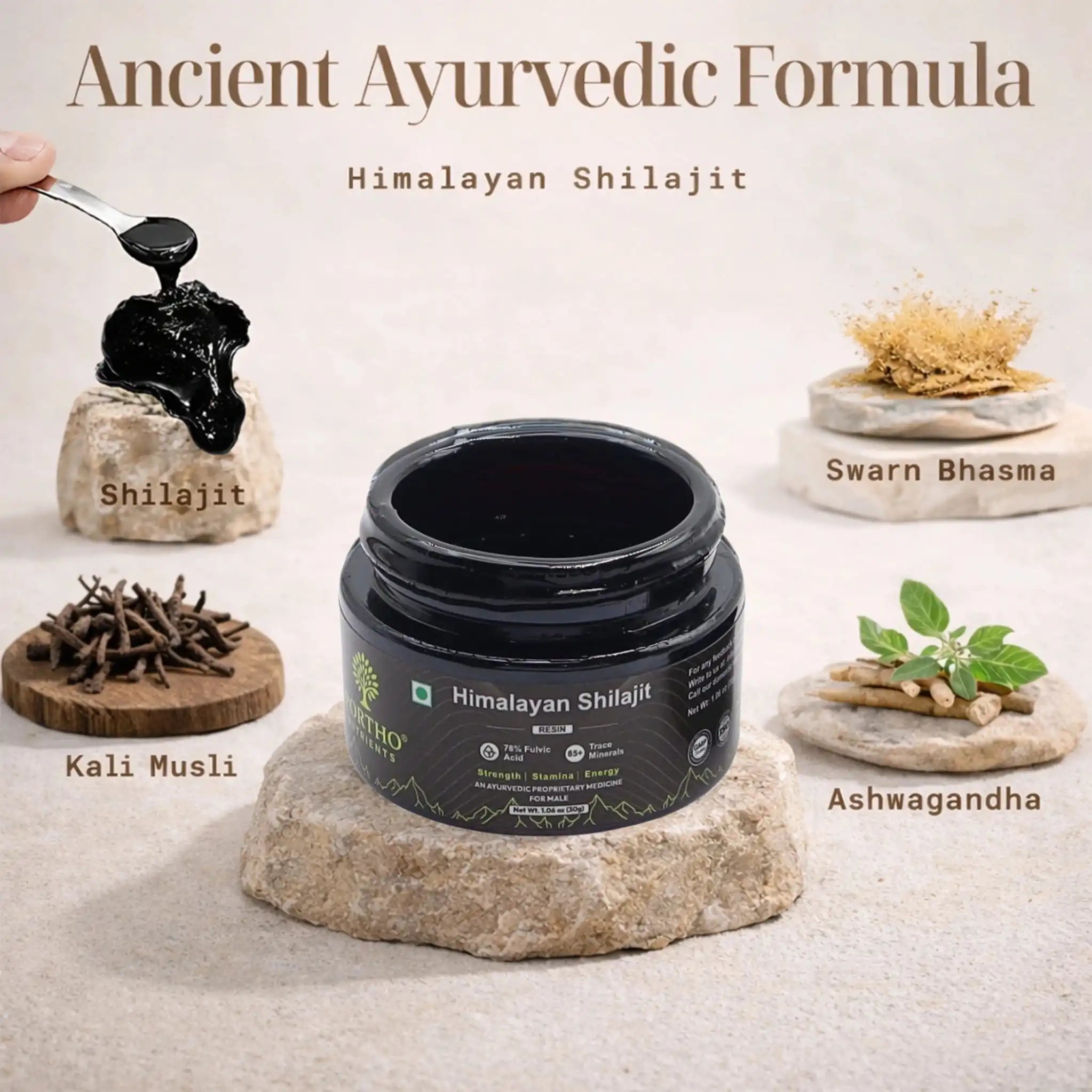 Himalayan Shilajit with Ayurvedic ingredients on a neutral background Main image
