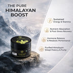Container labeled 'The Pure Himalayan Boost' on a mountainous background with product features listed.