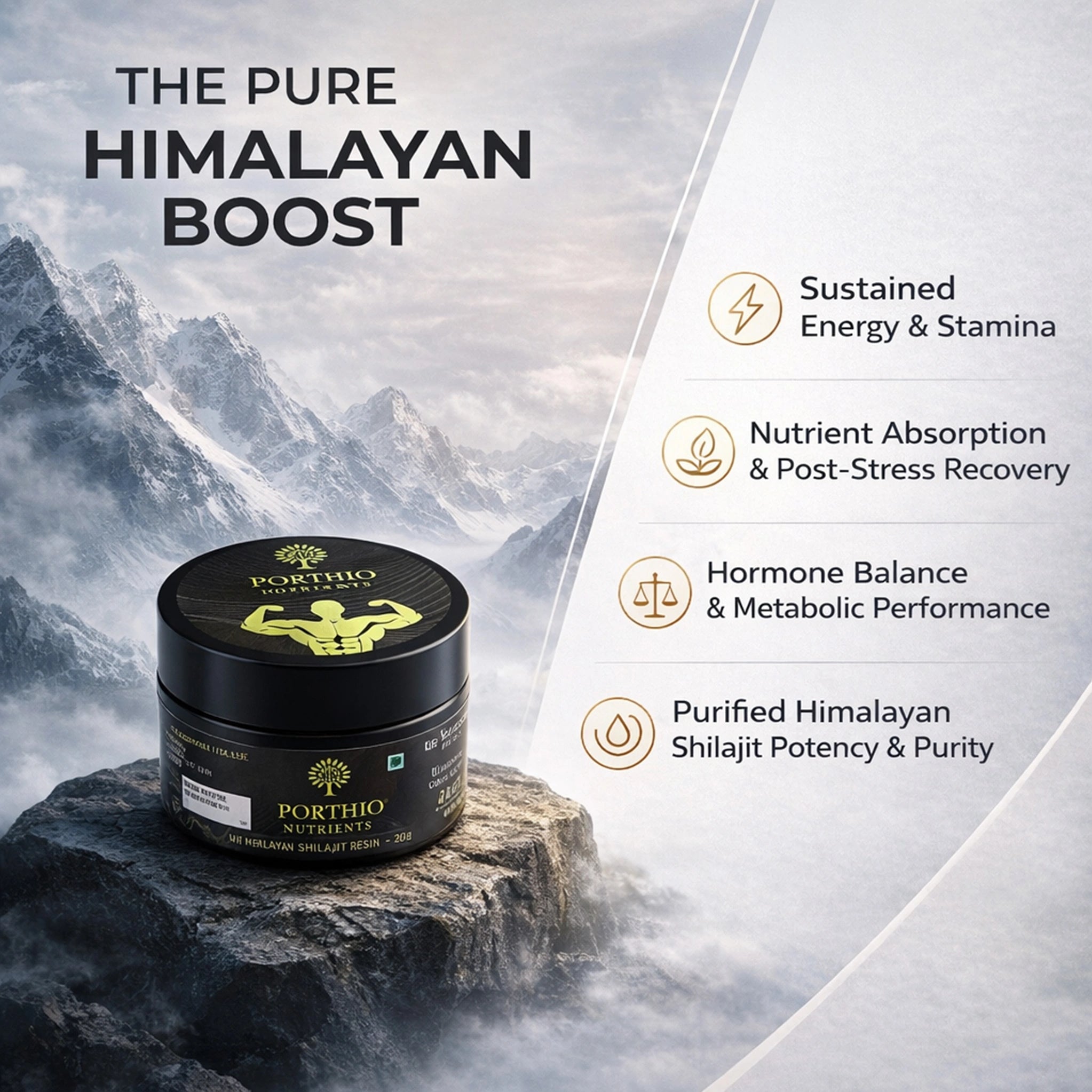 Container labeled 'The Pure Himalayan Boost' on a mountainous background with product features listed.