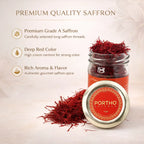 Jar of Portho saffron with text highlighting its quality and features on a light background