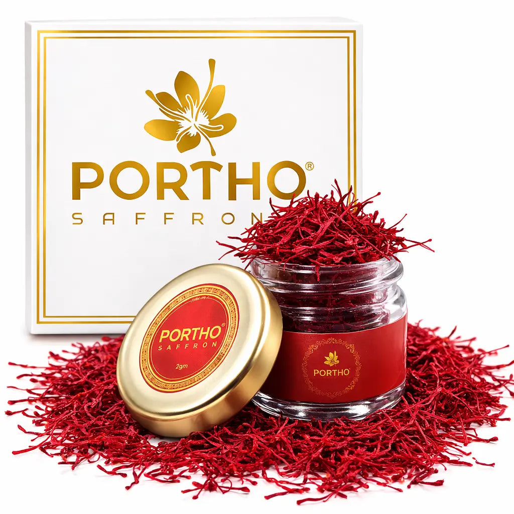 Portho saffron jar and packaging on a white background