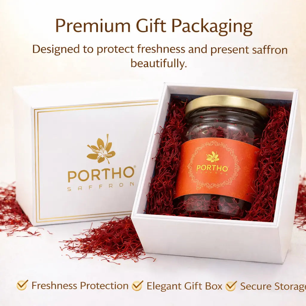 Portho saffron jar in a white gift box with red shreds, emphasizing premium packaging.
