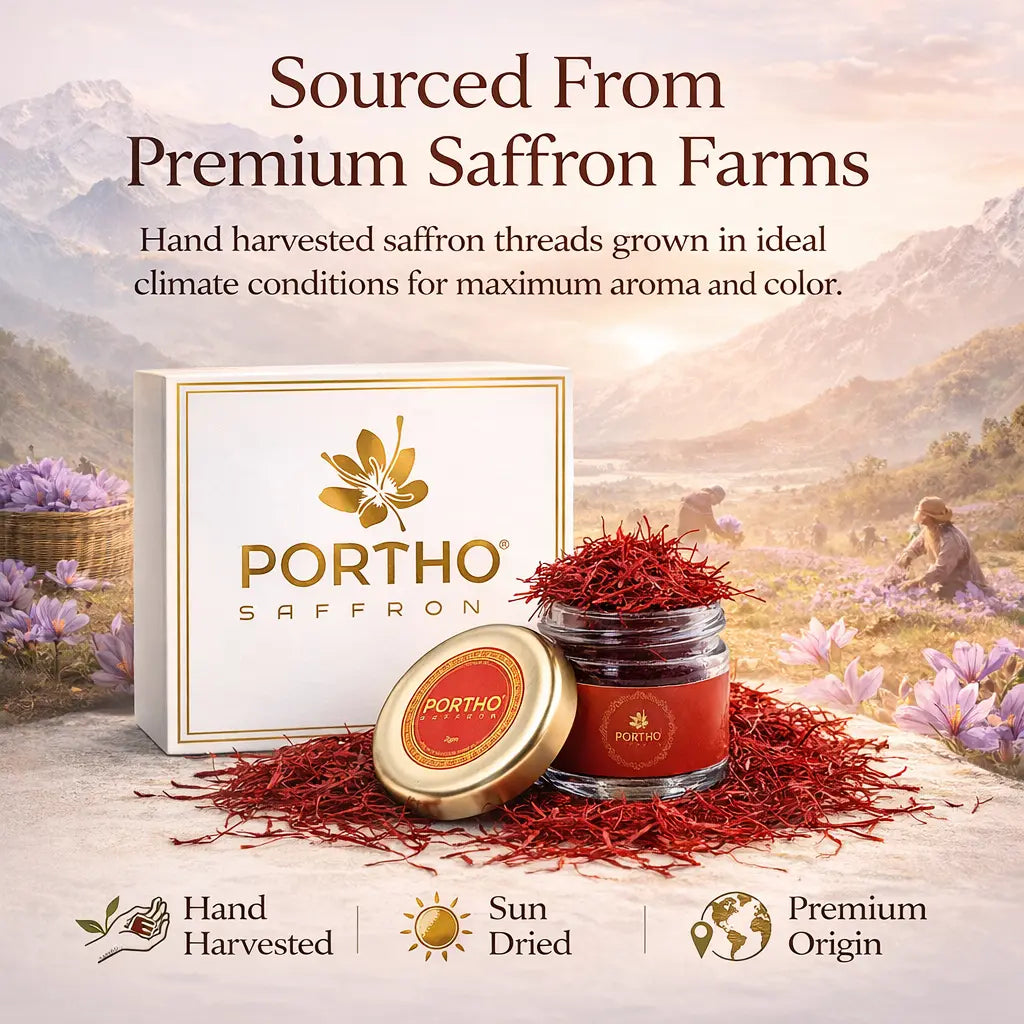 image representing , a natural veiw with mountains , text sourced from premium saffron farms . hand harvested saffron threads groen in ideal climate conditions for maximum aroma and color , some people harvesting saffron from feilds 
