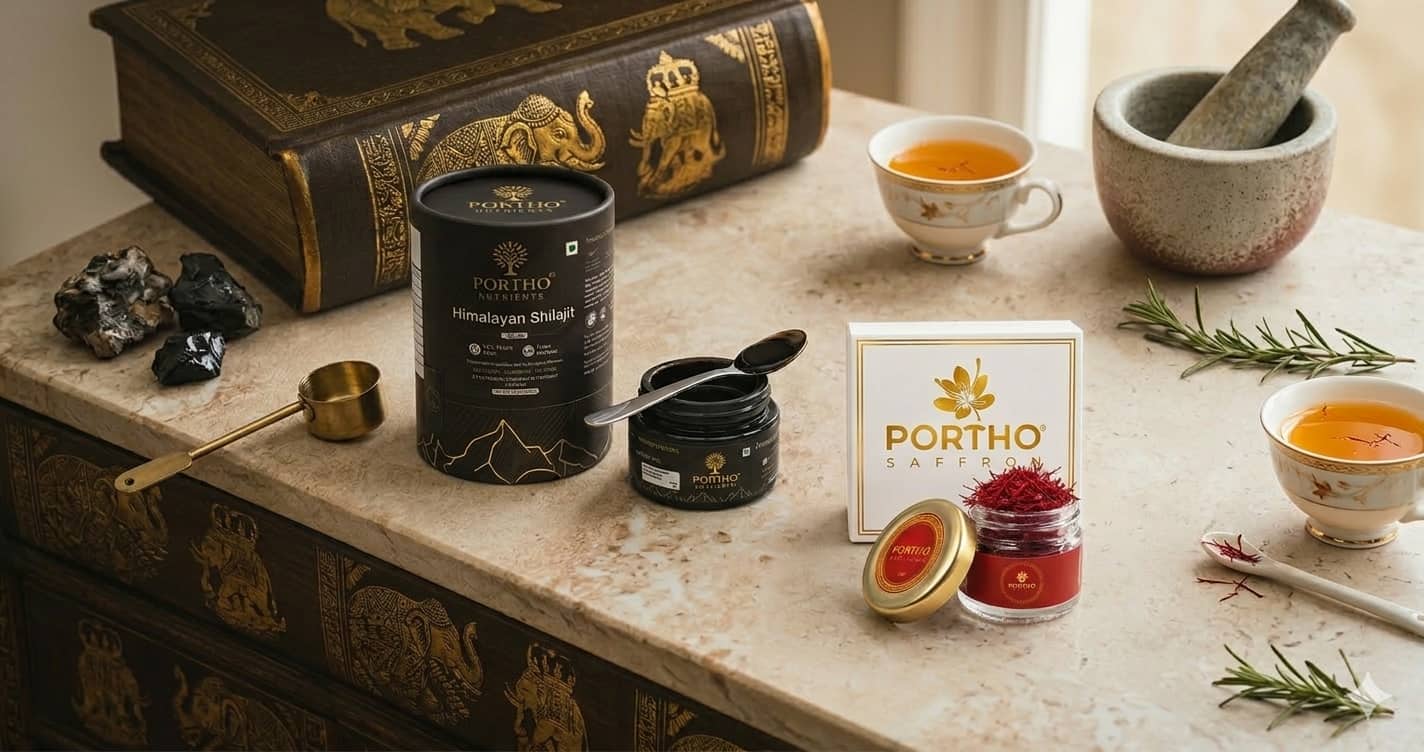 Premium Portho Nutrients wellness display featuring Himalayan Shilajit and Kashmiri saffron products arranged on a polished stone tabletop. The scene includes a black shilajit container, an open resin jar with a spoon, a saffron jar filled with deep red saffron threads, herbal tea cups, a stone mortar and pestle, rosemary sprigs, natural mineral rocks, and an ornate vintage book with gold elephant detailing in the background. Warm natural lighting creates a luxurious Ayurvedic wellness and herbal supplement