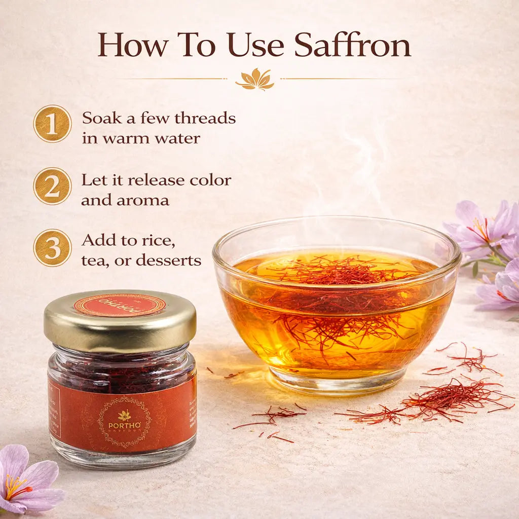 Instructions on how to use saffron with a jar of saffron threads and a bowl of saffron-infused water.