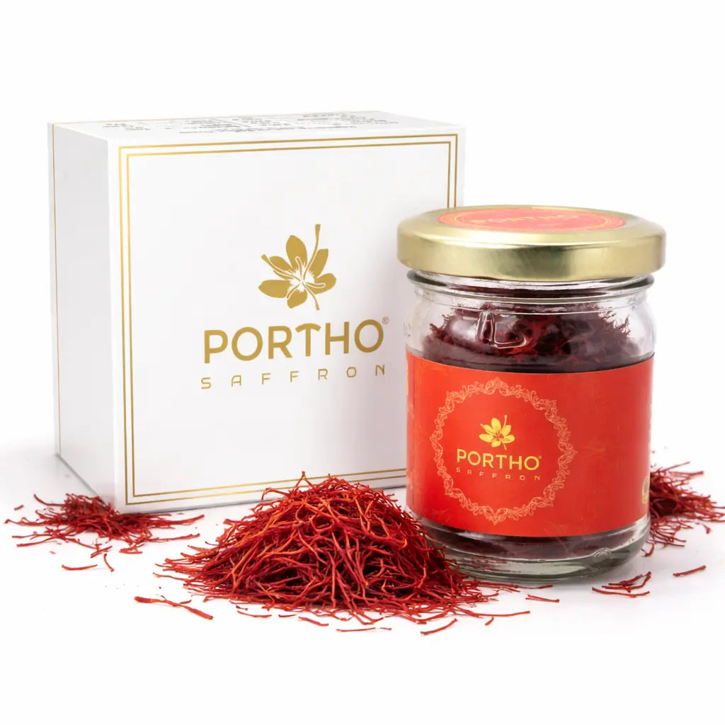 Jar of saffron with Portho Saffron packaging on a white background Main image