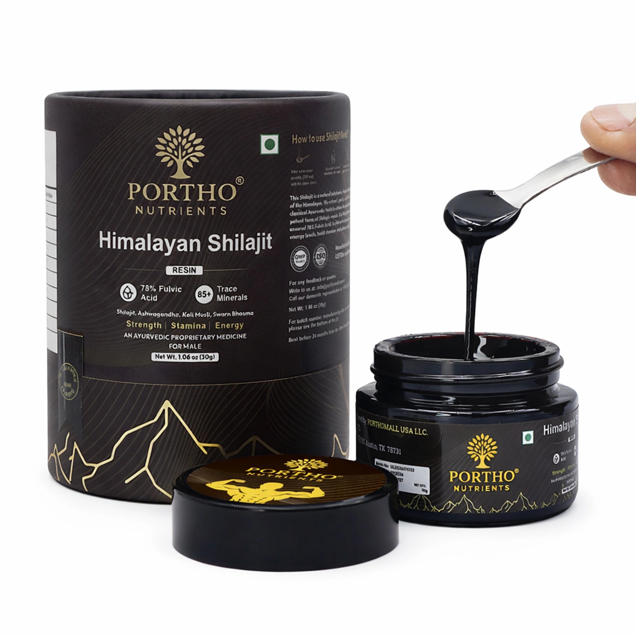Portho Nutrients Himalayan Shilajit with packaging and a spoonful of the product.
