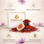 Portho saffron packaging with saffron threads and flowers on a light background