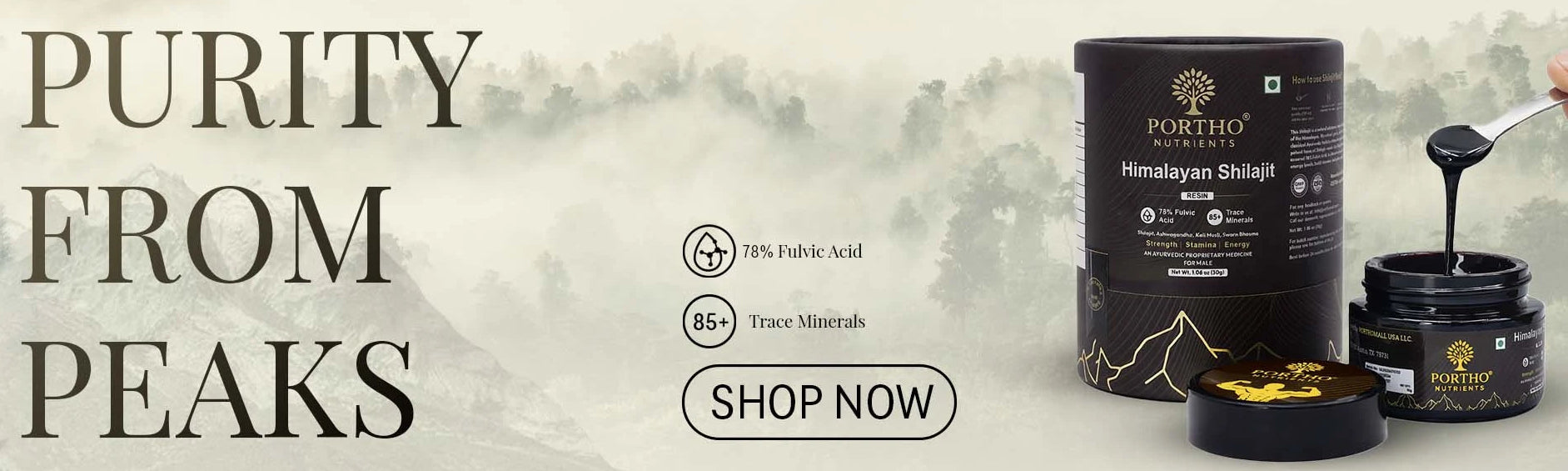 Himalayan Shilajit product with branding and 'Purity from Peaks' text on a natural background.