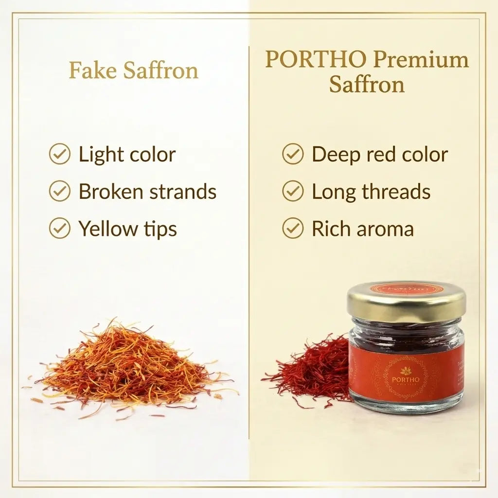 Comparison chart of fake saffron and PORTHO Premium Saffron with visual examples.fake saffron have light colour ,broken strands , yellow tips and portho saffron have deep red colour , long threads , rich aroma 