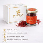 Portho saffron jar and packaging on a white background