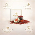 light background , with saffron filled jar , packaging of saffron portho jar also showing some qualities of pure saffron 