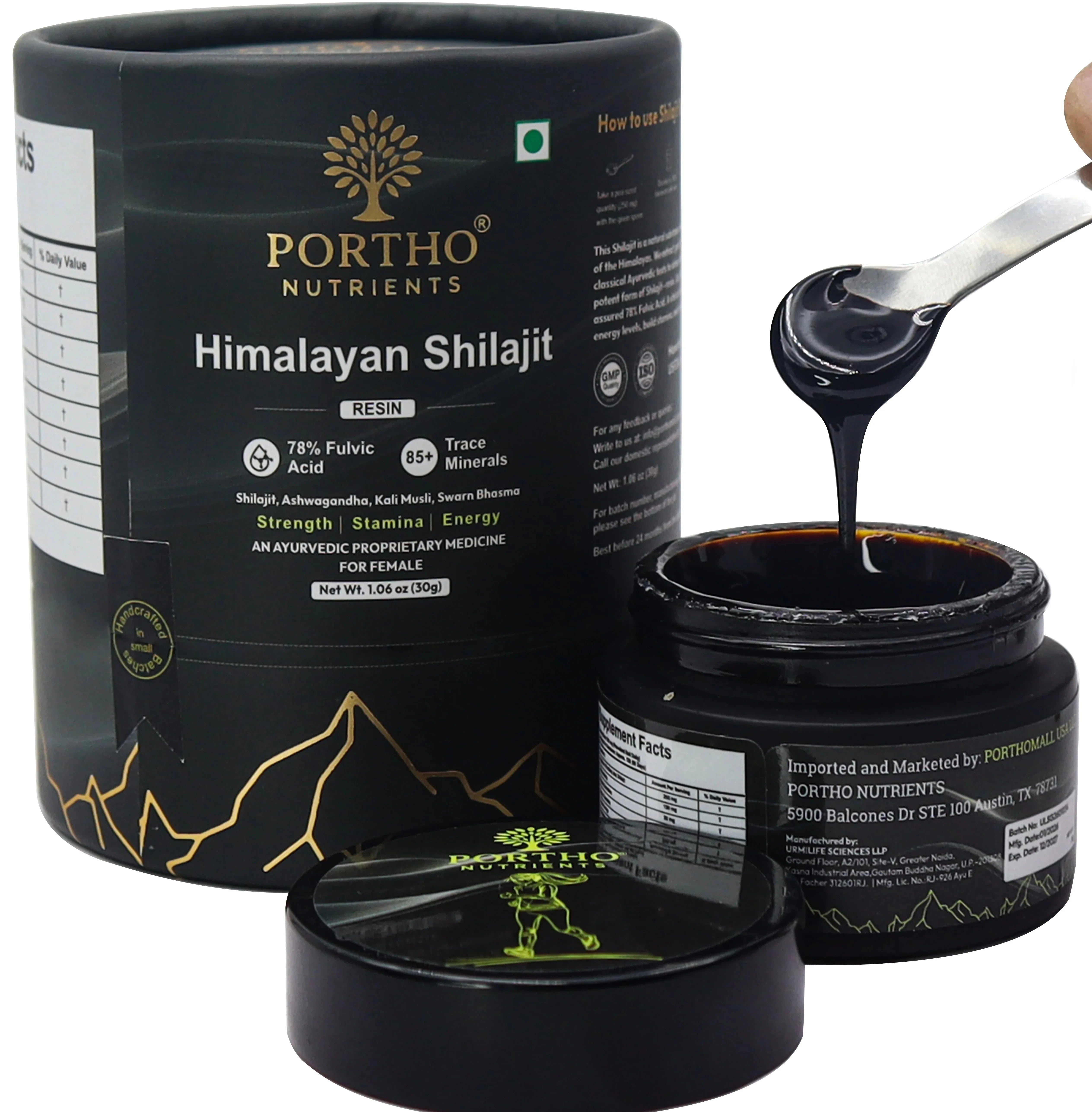 women shilajit , spoon holding black shilajit  Main image