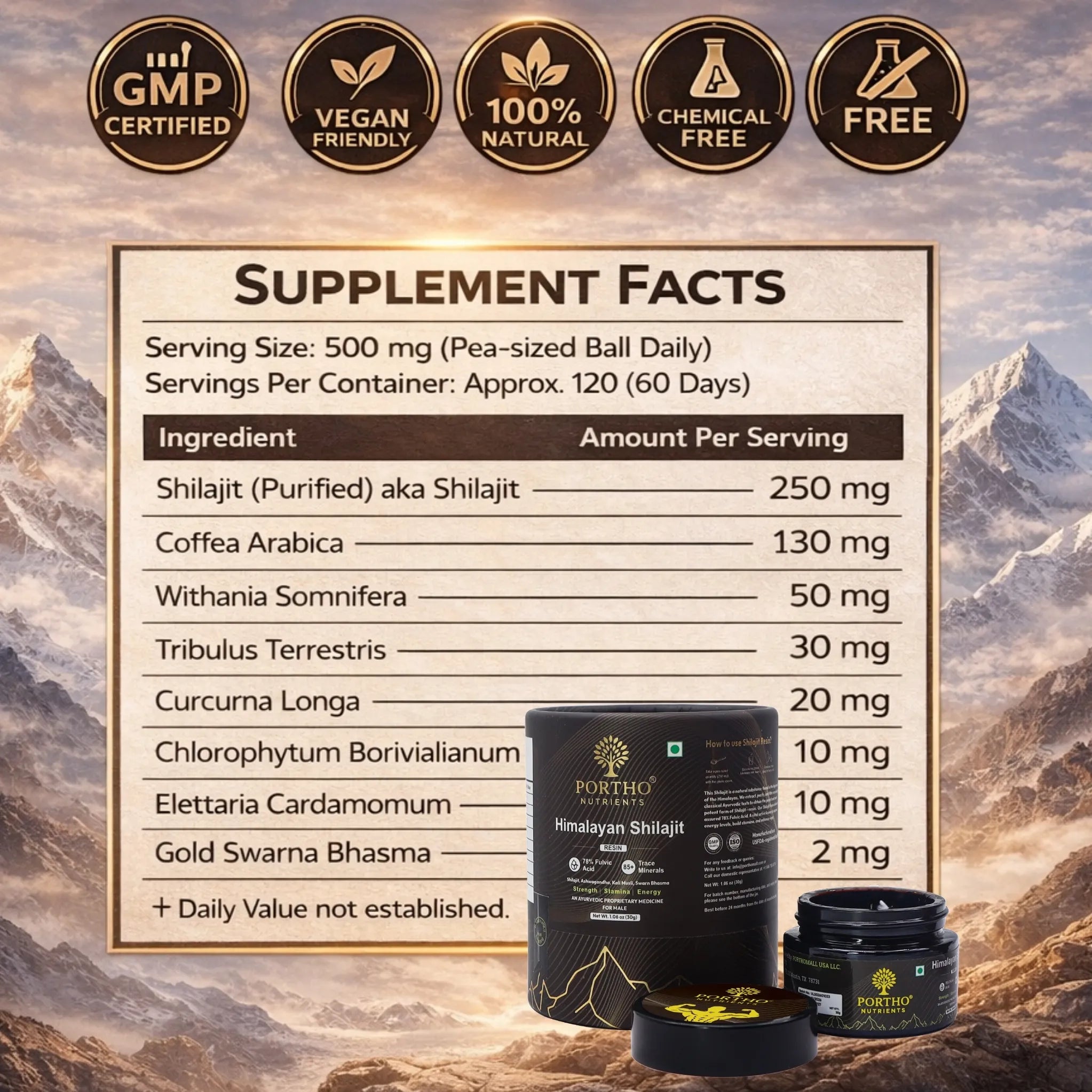 Supplement facts with product packaging on a mountainous background
