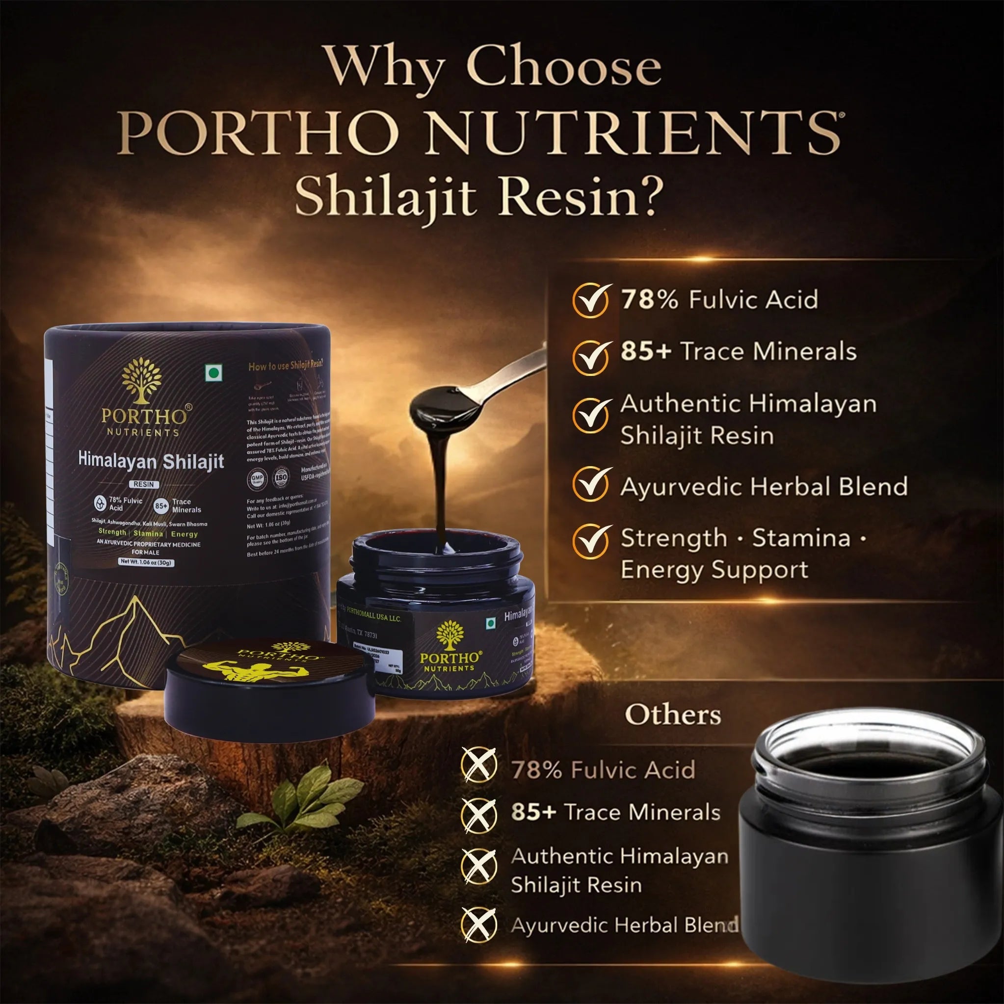 Promotional image of Portho Nutrients Shilajit Resin with product packaging and benefits listed.