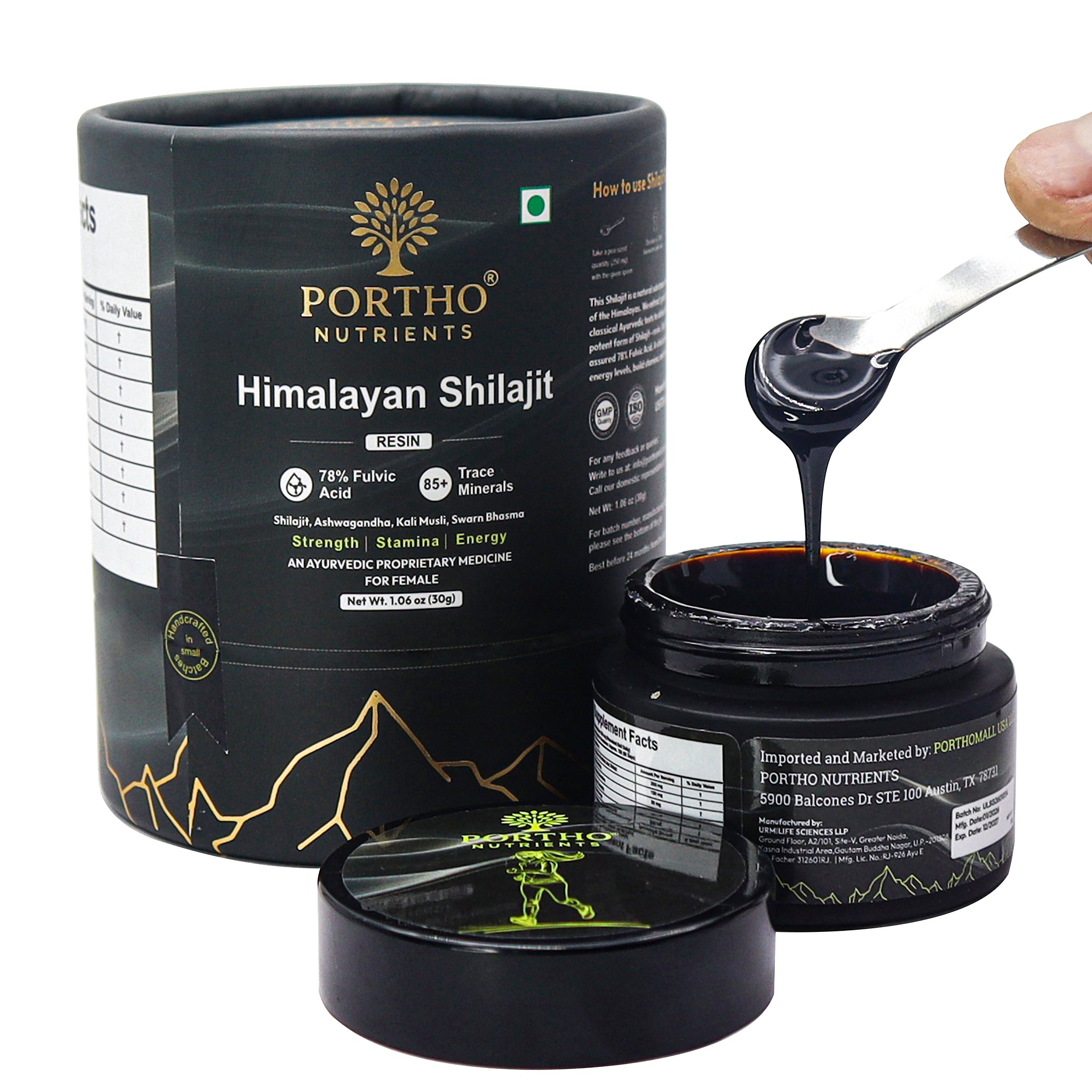 Portho Nutrients Himalayan Shilajit with a spoon lifting some of the resin. Main image