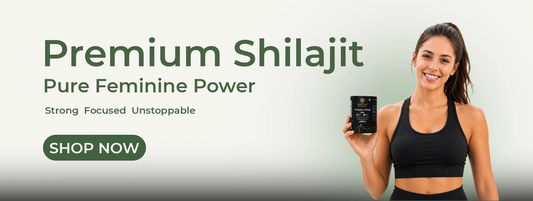 women holding shilajit box , smilling towards camera , text premium shilajit pure feminine power , 
