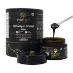 Portho Nutrients Himalayan Shilajit product with packaging and spoon on a white background